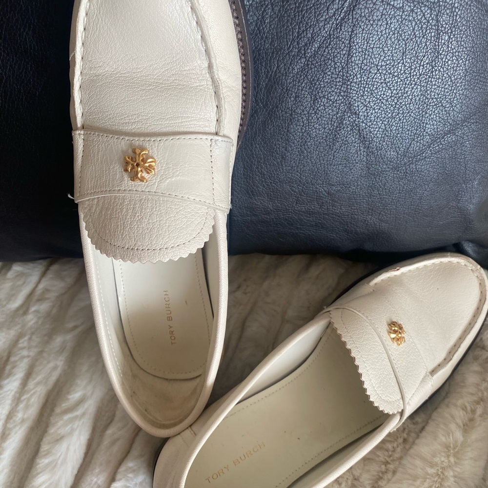 Tory Burch Ivory Loafers with Gold Emblem